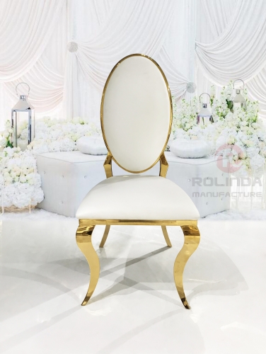 Wholesale White oval backrest, white leather, golden stainless steel wedding banquet chair