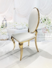 Wholesale White oval backrest, white leather, golden stainless steel wedding banquet chair