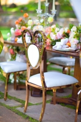 Heart shaped hollow stainless steel chair, white cushion, metal backrest, banquet hall chair for Wedding