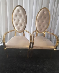 Round High Back Gold Stainless Steel Arm White Leather Wedding Chairs for Bride and Groom