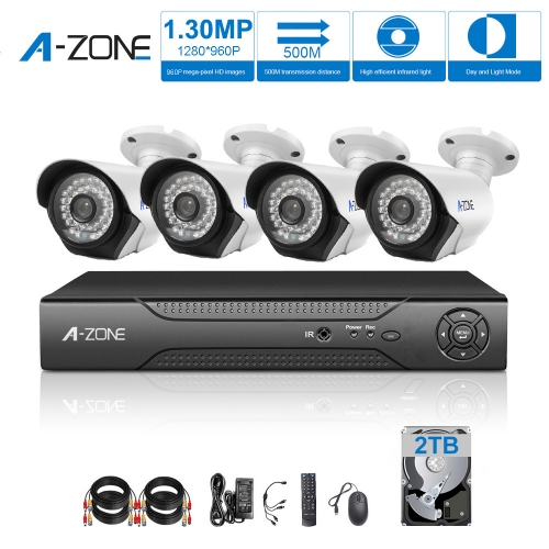 A-ZONE 130万画素タイプ 防犯カメラキット 4ch 防犯 レコーダー(2000GB内蔵) ハイビジョン 防水カメラ HD セキュリティカメラシステム DVRキット4台 HD 防水ナイトビジョン 屋内/屋外 監視カメラ クイックリモートアクセス 無料アプリ 遠隔監視 対応 2TB HDD 付き
