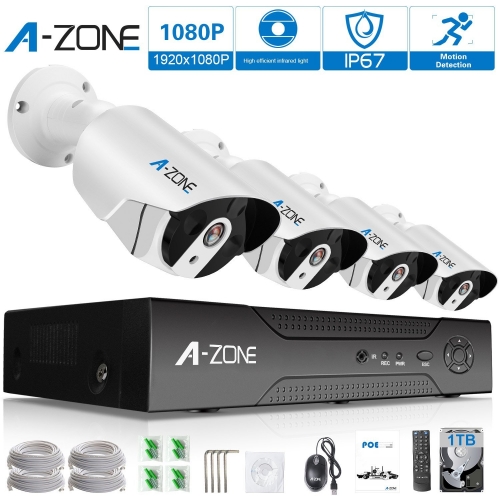 A-ZONE 2-Megapixel(1920x1080)High Resolution POE Security System NVR with 4x HD 2.0MP 1080P Outdoor Fixed Security Cameras,with 1TB Hard Drive