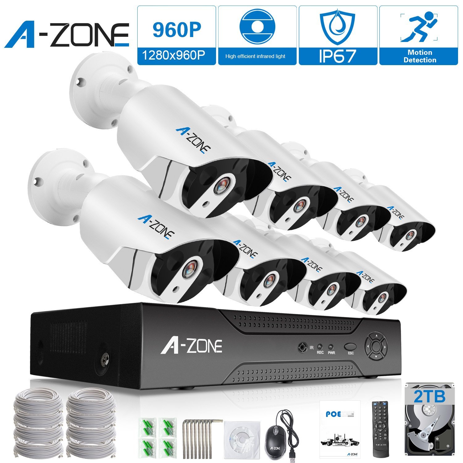 A-ZONE Security 1080p 8 Channel PoE IP Security Surveillance Camera System with 8 Outdoor/Indoor 1080P Security Camera Super HD Night Vision- No Hard Drive Free Remote View Security Camera System 
