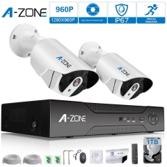 A-ZONE 4CH 1080P NVR IP PoE Sistema de cámaras de seguridad + 2 exteriores / interiores lente fija 1,3 megapíxeles 960p cámaras+con 1 TB de disco duro
