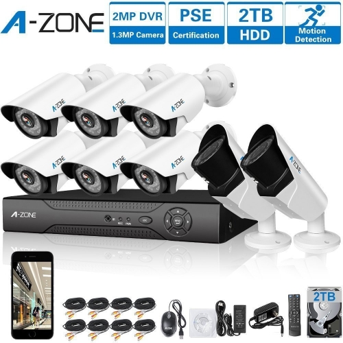 A-ZONE 8CH 1080P DVR AHD Sistema de cámara de seguridad + 6pcs HD 960P Cámara de lente fija y 2pcs 960P Cámara varifocal + 2TB HDD