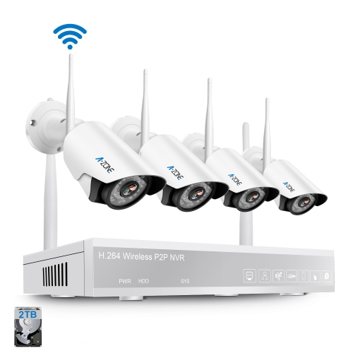 A-ZONE 4CH 1080P NVR drahtloses CCTV-Überwachungskamera-System - Wetterfestes Wifi IP-Überwachungskamera-Installationssatz + 2TB HDD
