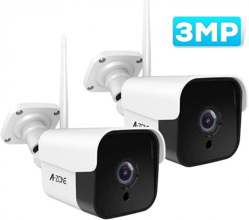 AZONE屋外防犯カメラ-3MPブレットドアカメラIP66ナイトビジョン双方向オーディオ、モーション検出器（2個セット）