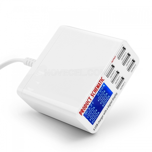 6A with LCD Digital Display 6 Port USB Charger Fast Quick Charge Smart Charging Station Adapter for Smart Phone Tablet PC