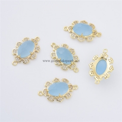 Dyed Aqua Blue Jade Faceted Oval Shaped Connectors, with Micro Pave CZ Gold Plated Base Metal Findings, Approx 16x23mm, Sell by Piece