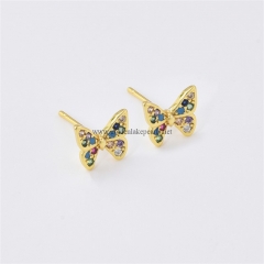 Gold Plated Base Metal Butterfly Earring Studs, with Multicolor Rhinestones, Approx 8x10mm, Sell by Pair