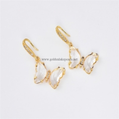 Gold Plated Base Metal Butterfly Earrings, with White Rhinestones, Approx 15x20mm, Sell by Pair