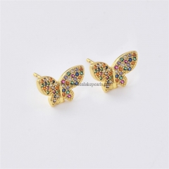 Gold Plated Base Metal Butterfly Earring Studs, with Multicolor Rhinestones, Approx 10x15mm, Sell by Pair