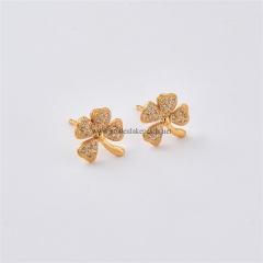 Gold Plated Base Metal 4-Leaf Clovers Earring Studs, with White Rhinestones, Approx 10mm, Sell by Pair