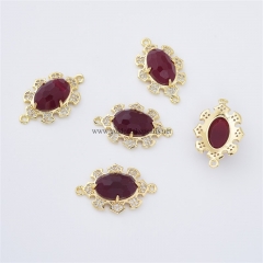 Dyed Ruby Jade Faceted Oval Shaped Connectors, with Micro Pave CZ Gold Plated Base Metal Findings, Approx 16x23mm, Sell by Piece