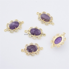 Amethyst Faceted Oval Shaped Connectors, with Micro Pave CZ Gold Plated Base Metal Findings, Approx 16x23mm, Sell by Piece