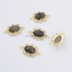 Labradorite Faceted Oval Shaped Connectors, with Micro Pave CZ Gold Plated Base Metal Findings, Approx 16x23mm, Sell by Piece