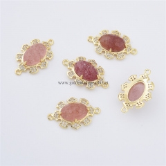 Ruby Strawberry Quartz Faceted Oval Shaped Connectors, with Micro Pave CZ Gold Plated Base Metal Findings, Approx 16x23mm, Sell by Piece