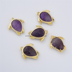 Amethyst Faceted Tortoise Shaped Charm Pendants, with Micro Pave CZ Gold Plated Base Metal Findings, Approx 21x24mm, Sell by Piece