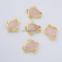 Rose Quartz Faceted Tortoise Shaped Charm Pendants, with Micro Pave CZ Gold Plated Base Metal Findings, Approx 21x24mm, Sell by Piece