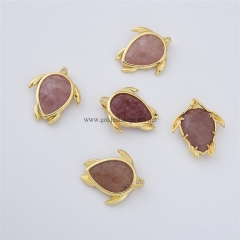 Ruby Strawberry Quartz Faceted Tortoise Shaped Charm Pendants, with Micro Pave CZ Gold Plated Base Metal Findings, Approx 21x24mm, Sell by Piece