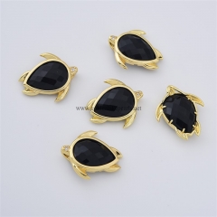 Black Obsidian Faceted Tortoise Shaped Charm Pendants, with Micro Pave CZ Gold Plated Base Metal Findings, Approx 21x24mm, Sell by Piece