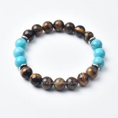 Yellow Tiger Eye+Blue Magnesite Plain Rounds Stretch Bracelets, with Silver Plated Base Metal Spacers, Approx 10mm, Sell by Piece