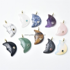 Gemstones Carved Face Crescent Moon Charm Pendants, with Golden Base Metal Pave Cubic Zirconia Findings, Approx 22x35mm, Sell by Piece