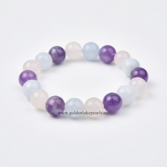 Amethyst+Rose Quartz+Dyed Aqua Blue Jade Plain Rounds Stretch Bracelets, Approx 8-10mm, Sell by Piece