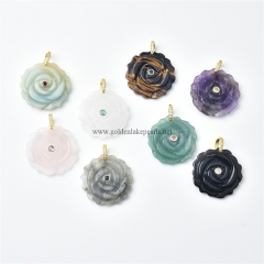 Gemstones Carved Rose Flower Charm Pendants, with Golden Base Metal Pave Cubic Zirconia Findings, Approx 34-35mm, Sell by Piece