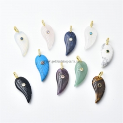 Gemstones Carved Wing Charm Pendants, with Golden Base Metal Pave Cubic Zirconia Findings, Approx 17x37mm, Sell by Piece