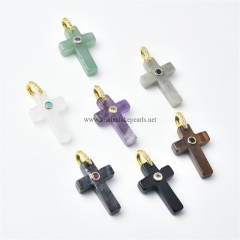 Gemstones Cross Charm Pendants, with Golden Base Metal Pave Cubic Zirconia Findings, Approx 20x30mm, Sell by Piece
