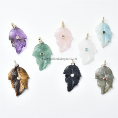 Gemstones Carved Leaf Charm Pendants, with Golden Base Metal Pave Cubic Zirconia Findings, Approx 24-27x38-42mm, Sell by Piece