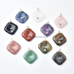 Gemstones Carved Rhombus Charm Pendants, with Golden Base Metal Pave Cubic Zirconia Findings, Approx 30mm, Sell by Piece