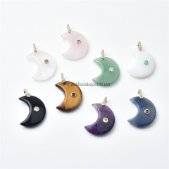 Gemstones Crescent Moon Charm Pendants, with Golden Base Metal Pave Cubic Zirconia Findings, Approx 16x30mm, Sell by Piece