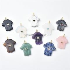 Gemstones Carved Hamsa Hand Charm Pendants, with Golden Base Metal Pave Cubic Zirconia Findings, Approx 35x38mm, Sell by Piece