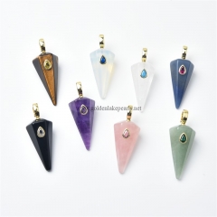 Gemstones Faceted Cone Charm Pendants, with Golden Base Metal Pave Cubic Zirconia Findings, Approx 16-17x37mm, Sell by Piece