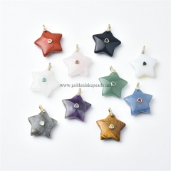Gemstones Star Charm Pendants, with Golden Base Metal Pave Cubic Zirconia Findings, Approx 32mm, Sell by Piece