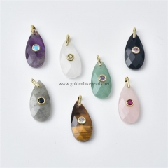 Gemstones Faceted Drops Charm Pendants, with Golden Base Metal Pave Cubic Zirconia Findings, Approx 12x24mm, Sell by Piece