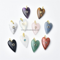 Gemstones Long Heart Charm Pendants, with Golden Base Metal Pave Cubic Zirconia Findings, Approx 20x30mm, Sell by Piece