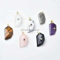 Gemstones Faceted Wolf Tooth Charm Pendants, with Golden Base Metal Pave Cubic Zirconia Findings, Approx 22x38mm, Sell by Piece