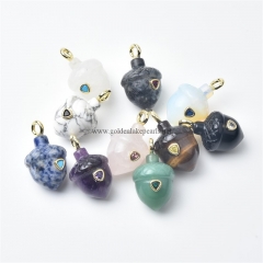 Gemstones Carved Acorn Charm Pendants, with Golden Base Metal Pave Cubic Zirconia Findings, Approx 15x20mm, Sell by Piece