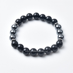 Black Agate+Black Hematite Plain Rounds Stretch Bracelets, with Silver Plated Base Metal Spacers, Approx 10mm, Sell by Piece