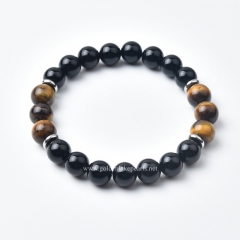Black Agate+Yellow Tiger Eye Plain Rounds Stretch Bracelets, with Silver Plated Base Metal Spacers, Approx 10mm, Sell by Piece