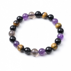 Amethyst+Smoky Quartz+Yellow Tiger Eye+Black Agate Plain Rounds Stretch Bracelets, Approx 8mm, Sell by Piece