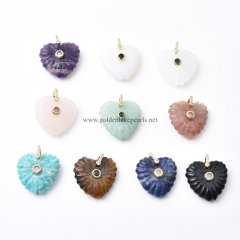Gemstones Carved Heart Charm Pendants, with Golden Base Metal Pave Cubic Zirconia Findings, Approx 25x27mm, Sell by Piece