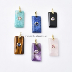 Gemstones Faceted Rectangle Charm Pendants, with Golden Base Metal Pave Cubic Zirconia Findings, Approx 13x25mm, Sell by Piece