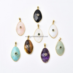 Gemstones Faceted Oval Charm Pendants, with Golden Base Metal Pave Cubic Zirconia Findings, Approx 19x30mm, Sell by Piece