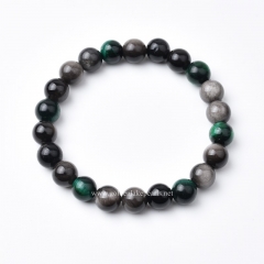 Green Tiger Eye+Silver Obsidian Plain Rounds Stretch Bracelets, Approx 8mm, Sell by Piece