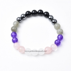 Black Agate+Black Hematite+Labradorite+Dyed Purple Jade+Rose Quartz+Whiie Jade Plain Rounds Stretch Bracelets, Approx 8mm, Sell by Piece