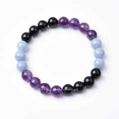 Black Agate+Amethyst+Blue Angelite Plain Rounds Stretch Bracelets, Approx 8mm, Sell by Piece